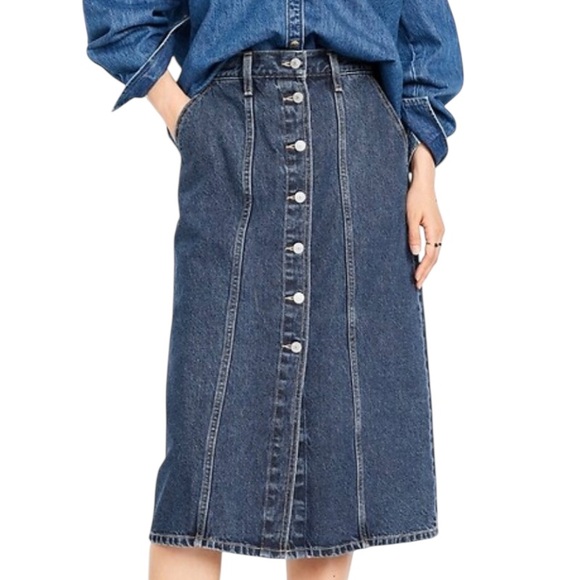 Old Navy High-Waisted Denim Jean Midi Skirt Button-Front in Medium Blue Wash - Picture 4 of 6